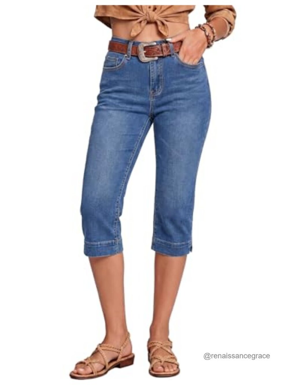 High Waisted Skinny Capri Jeans Split Hem Stretch Denim Cropped Pants
